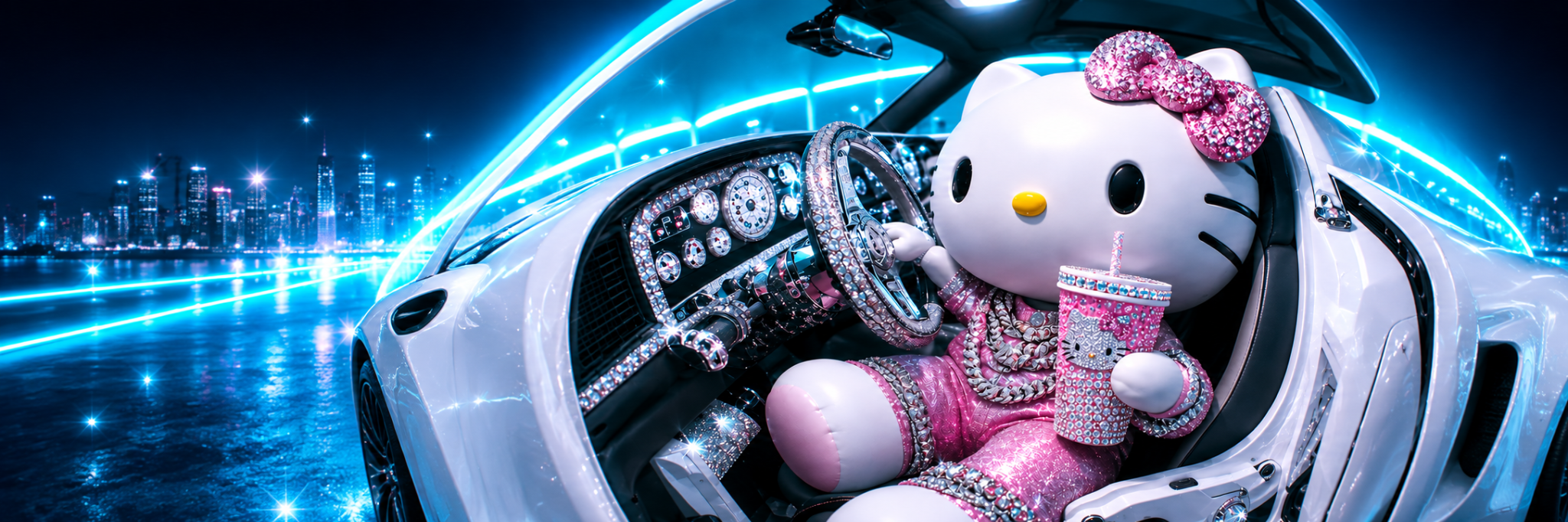 Dripp Kitty driving through a neon city at night