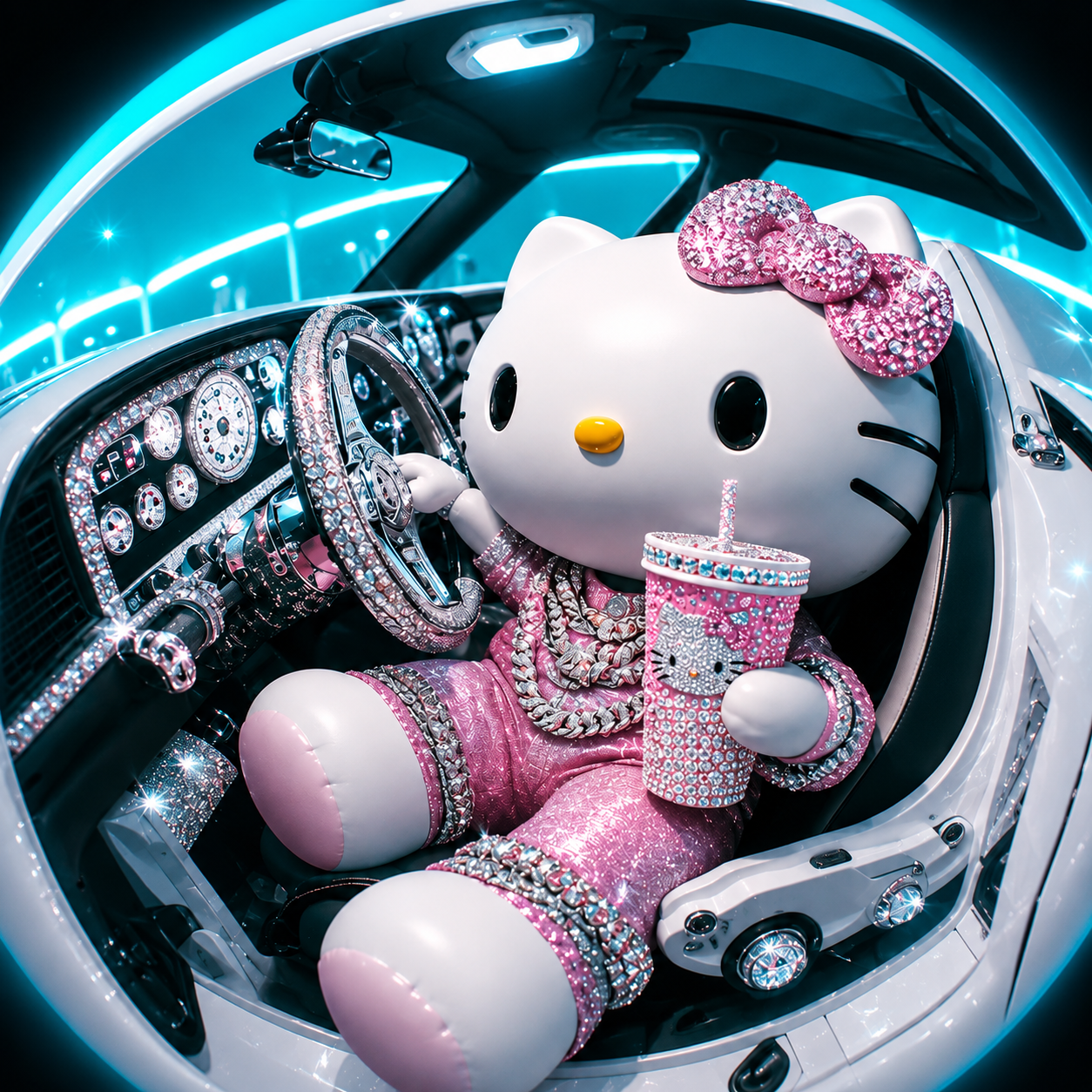 Dripp Kitty in a diamond-covered luxury car